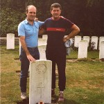 Jack Shults at the grave of his grandfather, Jack Shults 7th East Surreys. Quarry Cemetery, Loos. 1982